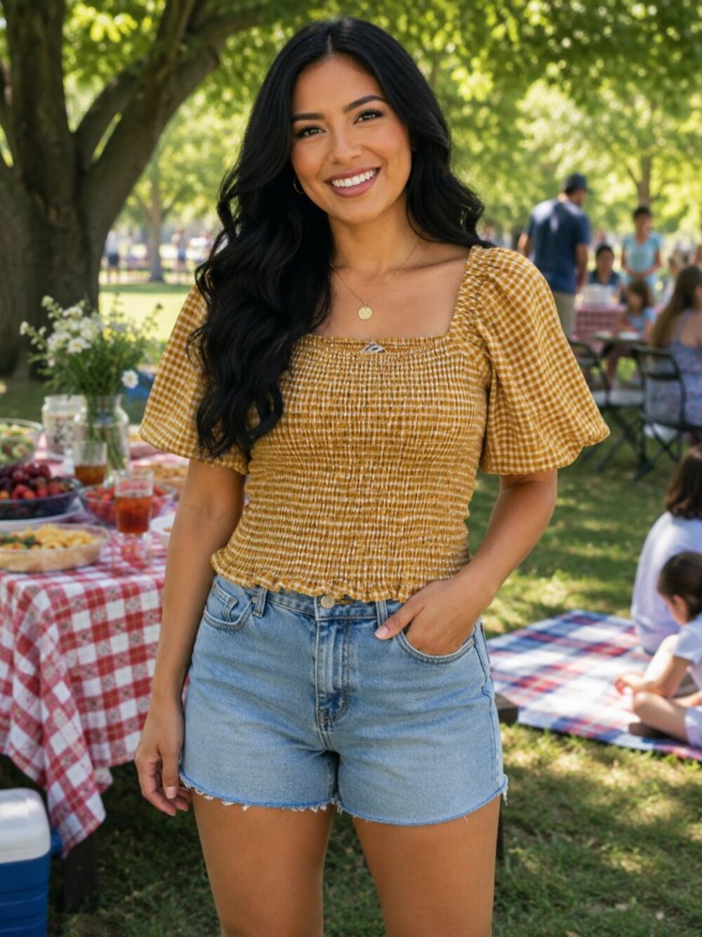 Steve Madden Checkered BB Dakota Smoked Puff Sleeve Top - Size X-Small